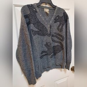 Vintage 80's Ann Wi Grey And Black Cat Print Studded V-Neck Sweater Size Large